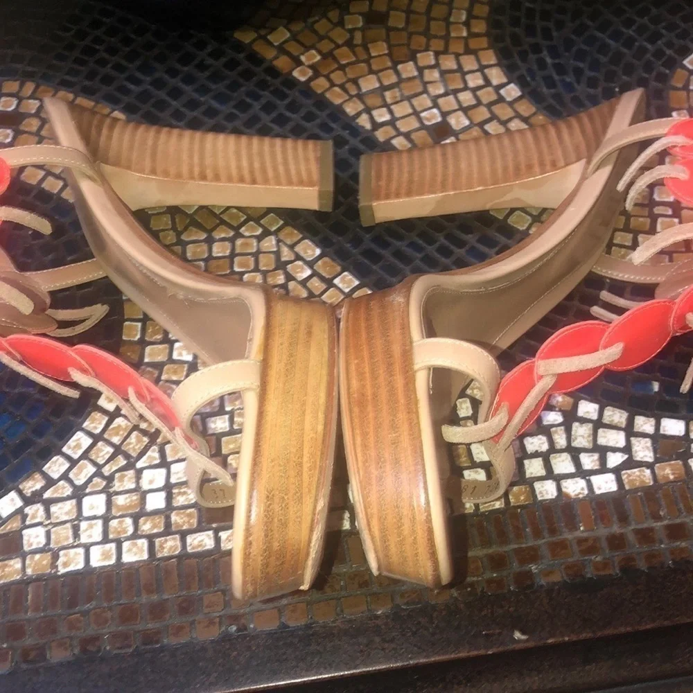 Sergio Rossi Coral Orange Frilled Leather Platform Open Toe Italian Sandals 37.5 - Picture 8 of 16